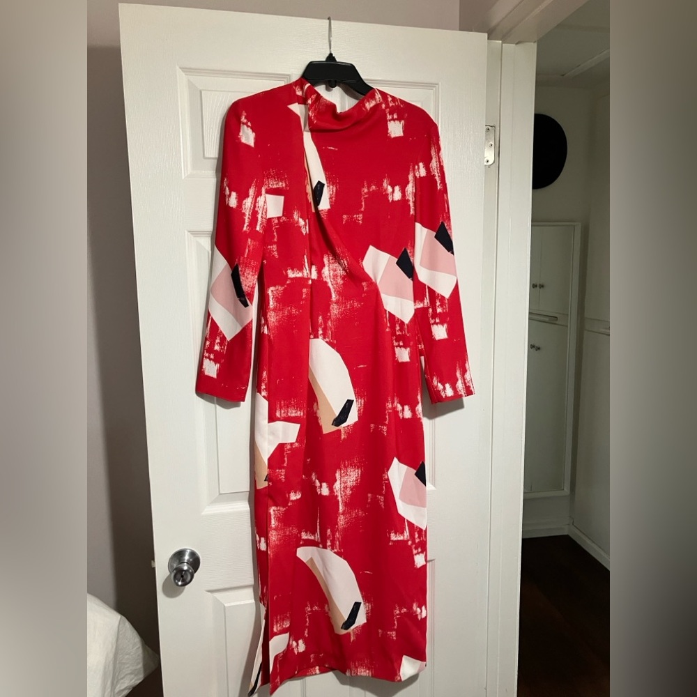 Rejina Pyo Avant Garde Red Ruched Tucked Midi Dress UK 8 US 4